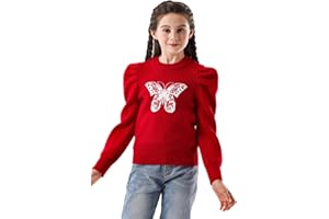 SMILING PINKER Girls Jumper Sweater Knit Butterfly Camellia Pullover Puff Sleeves Crop Top