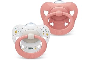 NUK Signature chupete | 0-6 meses | Calma al 95% de los bebés | Chupetes de silicona sin BPA en forma de corazón | Incluye funda | Corazones rosas | 2 unidades