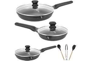 Stone&Stone Set 3 padelle 20cm 24cm 28cm estremamente antiaderente induzione gas | alluminio e acciaio padella professionale batteria | rivestimento tedesco + 3 coperchi 3 utensili priva di PFAS