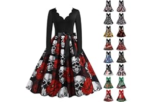 CUNHUAN Fancy Dress for Women Dresses 50s Vintage Retro Long Sleeve V Neck A-line Hepburn Dresses Pumpkin Skull Witch Printed Gothic Cocktail Dress for Christmas/Halloween Party Cosplay Prom