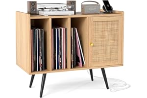 COSTWAY Meuble Vinyle avec Prise, Rangement Vinyle pour 220 Albums, Rangement CD/DVD Manga, Armoire à Porte Cannage,Support pour Tourne-disque, Meuble Hifi pour Salon, Chambre (Naturel)