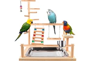 SUNOYA Juguete para pájaros, juguete para loros, juguete para periquitos, parque infantil con copa alimentadora, escalada, columpio y bandeja, asiento para periquitos, cacatúas, 37 x 26 x 44 cm