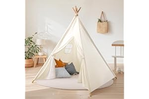 Wilwolfer Tipi Enfant Teepee Indien : Coton Enfants Tente Jouent Tente Intérieure Extérieure Portable Maison de Jeu pour Garçons Filles Jeux D'intérieur et D'extérieur (Blanc Cassé)