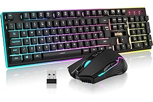 RedThunder K10 Wireless Gaming Keyboard and Mouse Combo, LED Backlit Rechargeable 3800mAh Battery, UK Layout Mechanical Feel Keyboard + 7D 3200DPI Mice for PC Gamer (Black)