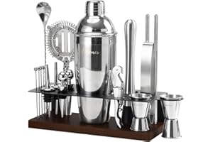 ASOVNIS 23-teiliges Barkeeper-Set, Cocktail-Shaker-Set mit Ständer|Bar-Getränkemixer-Set mit allen wichtigen Bar-Tools: Martini-Shaker, Messbecher, Sieb, Löffel, Stößel, für Zuhause, Bar, Party
