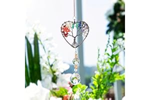 nuyikaso Heart Shaped Sun Catcher Crystal Rainbow Tree of Life Glass Colorful Suncatcher 7 Chakras Stones Car Window Hanging Accessories Meditation Ornaments Garden Home Decoration