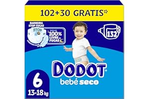 Dodot Baby-Dry Diapers, Size 6 (13-18 kg), 132 Nappies + Gift of 1 Pack of 10 Aqua Pure Wipes 99% Water, One Night Up to 100% Leak Free, Monthly Pack