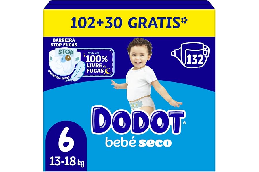 Dodot Pañales Bebé-Seco, Talla 6 (13-18 kg), 132 Pañales + Regalo de 1 Pack de 10 Toallitas Aqua Pure 99% Agua, Una Noche Has