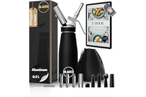 B-ARS Professional Whipped Cream Dispenser Aluminium 500ML With Stainless And Plastic Nozzles Includes Cleaning Brush Carry Bag Ebook For Mousses Toppings Foams Ideal For Home And Dessert Lovers