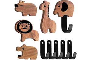 SPORGO Lot de 5 Crochets à Vêtements en Forme d'Animal : Porte-Manteau pour Enfants en Bois de Noyer, Patère Murale avec Vis pour Chambre à Coucher et Salle de