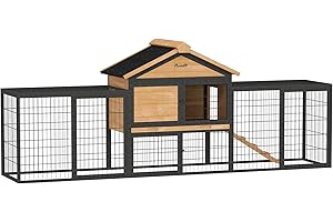PawHut Hasenstall 2 Ebenen mit Satteldach Kaninchenstall aus Vollholz Winterfest Doppelstockhaus mit Freilaufgehege 217x53x86 cm Kaninchenkäfig Outdoor Kleintierstall für Hasen Kaninchen Gelb