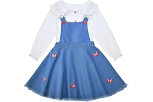 Peacolate Filles Vêtements 2pcs Set Robes Manches Longues Blouse Blanche et Papillon Brodé Robe Denim Bretelles Printemps Automne Eté Tenue