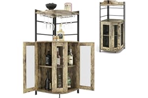 ‎KOMFOTTEU KOMFOTTEU Barschrank mit verstellbarem Regal, Eckschrank Holz mit Glashalter & Metallgittertüren, Weinschrank Barwinkel für Küche, Wohnzimmer, Esszimmer, 46 x 46 x 130 cm (Industriel)