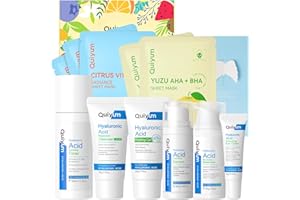 QUIYUM Cofre de 11 tratamientos faciales con ácido hialurónico-Limpiador,exfoliante,tónico,sérum,crema para el contorno de ojos,crema hidratante,mascarilla hidratante-Idea de regalo para mujeres
