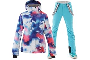 ALSOGO Damska kurtka narciarska i spodnie narciarskie, zestaw 2-częściowy, kombinezon śniegowy 10 000 mm słupa wody, oddychające, na szelkach, wiatroszczelne spodnie śniegowe ze zdejmowanym kapturem,