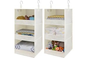 GRANNY SAYS Organizador Armario Colgante con 3 Compartimentos, Pack de 2 Organizador Colgante con Ganchos, Organizador de Armario Plegable, Organizador Colgante Armario Beige, Estanterias Colgantes