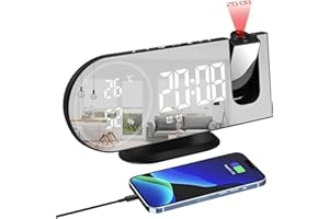Augot Projection Alarm Clock, Alarm Clocks Bedside with 180° Rotatable Projector Digital Mirror Clock with USB Charging Port, Adjustable Brightness, Dual Alarms Snooze, Clocks for Bedrooms Home Office