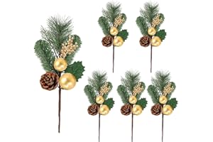 23GUANYI 6 Stück Künstliche Tannenzweige, 31 cm Goldene Weihnachtsdeko Aussen Innen, Grüne Tannenzapfen Deko Weihnachtssternblätter, Beerenzweig Künstlich Als Dekoration für Vasenfüller Kränze