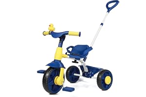 KRIDDO 2 in 1 Dreirad ab 18 Monate bis 3 Jahr, Kinder Dreirad mit verbesserten Eva-Rädern, Dreirad für Kinder als Geschenk, Dreiräder 2-3 Jahren mit Schiebestange und Enten-Klingel, Blau