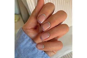 AGASAR 24pcs French False Nails Short Stick on Nails Blue Tip Press on Nails Removable Glue-on Nails Fake Nails Women Girls Nail Art Accessories