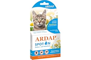 ARDAP Spot On für Katzen bis 4kg - Natürlicher Wirkstoff - Zeckenmittel für Katzen, Flohmittel Katzen, Zeckenschutz Katze - 3 Tuben je 0,4ml - Bis zu 12 Wochen nachhaltiger Langzeitschutz (PT19)