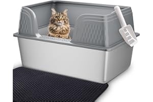 Vealind XXL Stainless Steel Cat Litter Tray High Sided Cats Litter Box 23.7"L x 16"W x 12.5"H Anti Leakage Extra Large Metal Cat Litter Box for Big Cats (Grey)