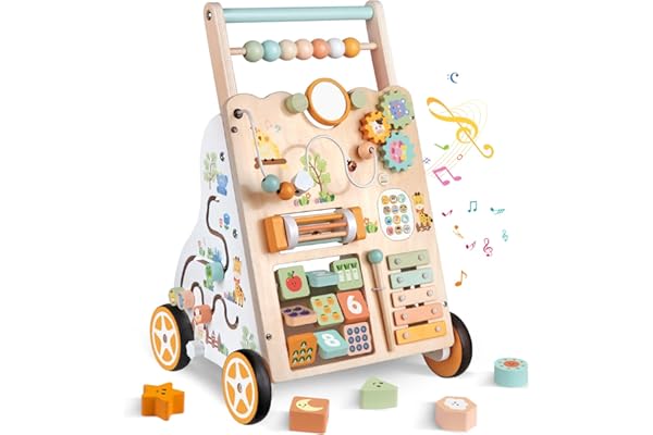 Chariot de Marche en Bois pour Bébé – Jouet Montessori à Trotteur avec Centre d’Activités – Hauteur et Vitesse Réglables – pour Fille et Garçon de 12 Mois et Plus (Naturelle)