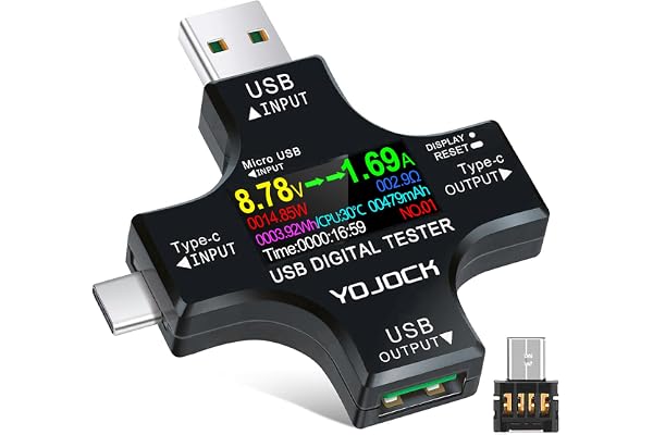 YOJOCK USB Testare Voltmeter Amperemätare Strömmätare 2-i-1 Typ C USB Testare, LCD Digital Multimeter, Spänning, Ström, Kapacitet, Temperatur, Arbetstidsdetektor (förpackning med OTG-adapter)