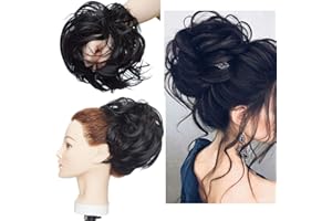 S-NOILITE Tousled Updo Chignon Désordonné Extension de Cheveux Naturels Queue de Cheval avec élastique Postiche Synthétique pour les Femmes Noir foncé