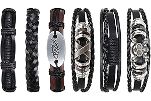 flintronic Pulsera Hombre, 6 Piezas Personalidad Retro Tejida Pulsera de Traje de Cuero Multicapa, Pulseras Retro, Moda Pulsera de Cuero Brazalete Trenzado Roccia Punk, Ajustable