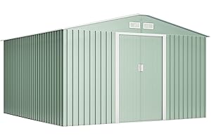 Wasabi - Abri de Jardin Métal 10,2m2 Light Green – Porte coulissante Double - Grilles de Ventilation - Cabane extérieur - Cabanon Rangement et Stockage