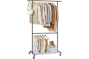 ‎SONGMICS SONGMICS Wieszak na ubrania w stylu przemysłowym, obciążenie do 110 kg, wieszak garderobiany na kółkach, 2 drążki na ubrania, wykonany z metalu, bardzo wytrzymały, prezentacja w sklepie, czarny