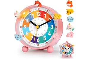 PIXESTT Despertador Infantil, Reloj Despertador Infantil para Principiantes En La Escuela, Sin Sonido Tic-TAC, con FuncióN De Luz Nocturna Y FuncióN De RepeticióN, con 5 Adornos De Despertador