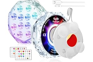 Qoolife 4" 20-LED Pool Lichter, 2 Stück Magnetische Wiederaufladbare Wasserdichte Lichter für Oberirdische Pools, Teichlicht mit Fernbedienung und Saugnäpfen für Whirlpools, Aquarien, Schwimmbäder