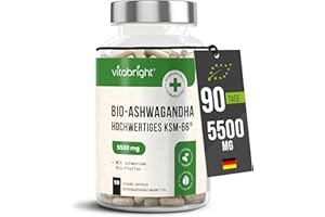 ‎VITABRIGHT Ashwagandha KSM-66 | Bio Ashwagandha Kapseln Hochdosiert 5500mg | 3 Monate - 1 Pro Tag | Cortisol Senken | 550mg 10x Konzentriertes Extrakt Bio Ashwaganda Pulver | VitaBright Cortisol-Senker Tabletten