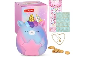 Unicorn Coin Bank Jar for Girls,Ompinda Unbreakable Resin Cute Rainbow Unicorn Saving Piggy Bank Momeny Jar with DIY Stickers and Unicorn Necklace Unique Girl Gifts for Birthday,Home Decoration (A)