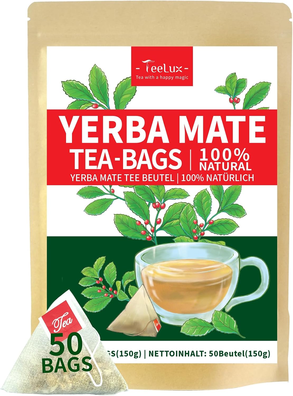 TeeLux Yerba Mate Tea Bags 50 Count, Pure Natural Argentine Yerba Mate, Rich Flavor with 3g/Bag, Biodegradable Tea Bag