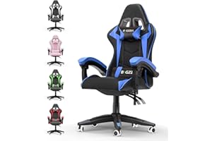 bigzzia Chaise Gaming - Ergonomique Chaise de Gaming avec Coussin Lombaire + appuie-tête - PU Cuir Chaise Bureau réglable en Hauteur - Fauteuil Gaming pour Adultes Enfants - Bleu