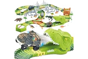 MINI TUDOU 174 PCS Dinosaur Toys Race Track, Flexible Train Tracks with 8 Dinosaurs Figures, 2 Electric Race Cars Vehicle Playset with Lights to Create A Dinosaur World Road Race for Toddlers Kids Boys Girls