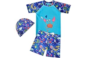 NautySaurs Boys Dinosaur Swimwear 3-Piece Set Quick-Dry Rash Guard Swim Shorts Swim Cap Kids Dinosaur Whales Swimsuit