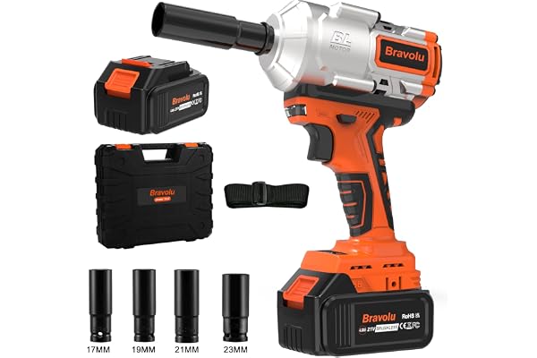 Bravolu Clé à Chocs Sans Fil, 21V Brushless 1000N.m Max Boulonneuse a Choc avec 4,0Ah Batterie, Visseuse à Choc Fréquence d'impact 3800IPM, avec 4 Douilles à Chocs