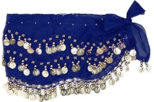 FLOFIA 1 Stück Damen Bauchtanz Gürtel Chiffon Hüfttuch Bauchtanz Münztuch Bauchtanz Münzgürtel Tanztuch Bauchtanz Kostüm mit 128 Münzen für Mädchen Frau Schwarz/Rot/Blau