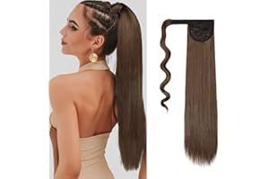 Cybelleza 55cm Coleta Postiza Cola de Caballo Extensiones de Cabello Natural Clip Pelo Sintetico Liso Largo Ponytail Hair Extension Wrap Around (Marron oscuro & Castaño claro)