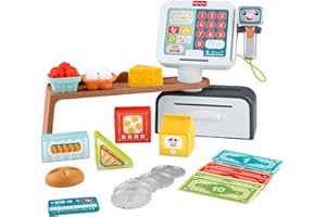 Fisher-Price Lernspielzeug für Kleinkinder Lernspaß Meine erste Spielkasse, Kaufladen mit 20 Teilen für Kinder ab 2 Jahren, mehrsprachige Version, JGW97