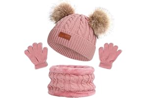 NLAND 3 in 1 Set de Bufanda Gorro Guantes Niña Niño Conjunto de Cálido Gorro de Punto Invierno con Pompon, Braga Cuello con Forro Polar y Guantes Termicos para Niña Niño 2-6 Años