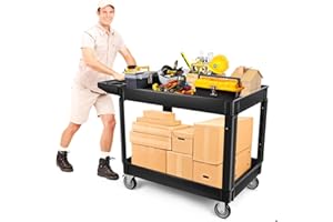 Kalolary 2-Poziomowy Wózek na Kółkach 550 Funtów - Wielofunkcyjny Duży Wózek Serwisowy z Uchwytem, Czarny Organizer do Przechowywania, Mobilny Wózek Narzędziowy do Magazynu