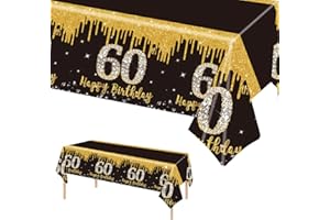 POPOYU Tovaglia nera e oro, decorazione da tavolo per compleanno, 60° compleanno, tovaglia rettangolare in plastica