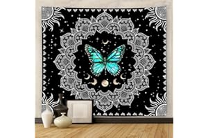 BCKAKQA Mandala Tapestry Wall Hanging Black White Trippy Aesthetic Wall Tapestry Teal Blue Butterfly Psychedelic Hippy Tapestry for Bedroom Dorm Living Room Home Decor Wall Art Background (150x200cm,59"X79")
