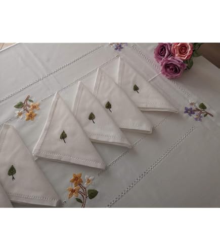 Nappe En Lin Pur 12 Places Avec Broderie Main Punto Pieno Et Punto Rodi - Neuve