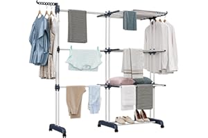 Shrivee 3 Niveles Tendedero Torre Vertical 75-200cm Extensible Plegable Resistente Portatil Acero Inoxidable Clothes Drying Rack para Exterior Terraza Balcon (Azul Blanco)